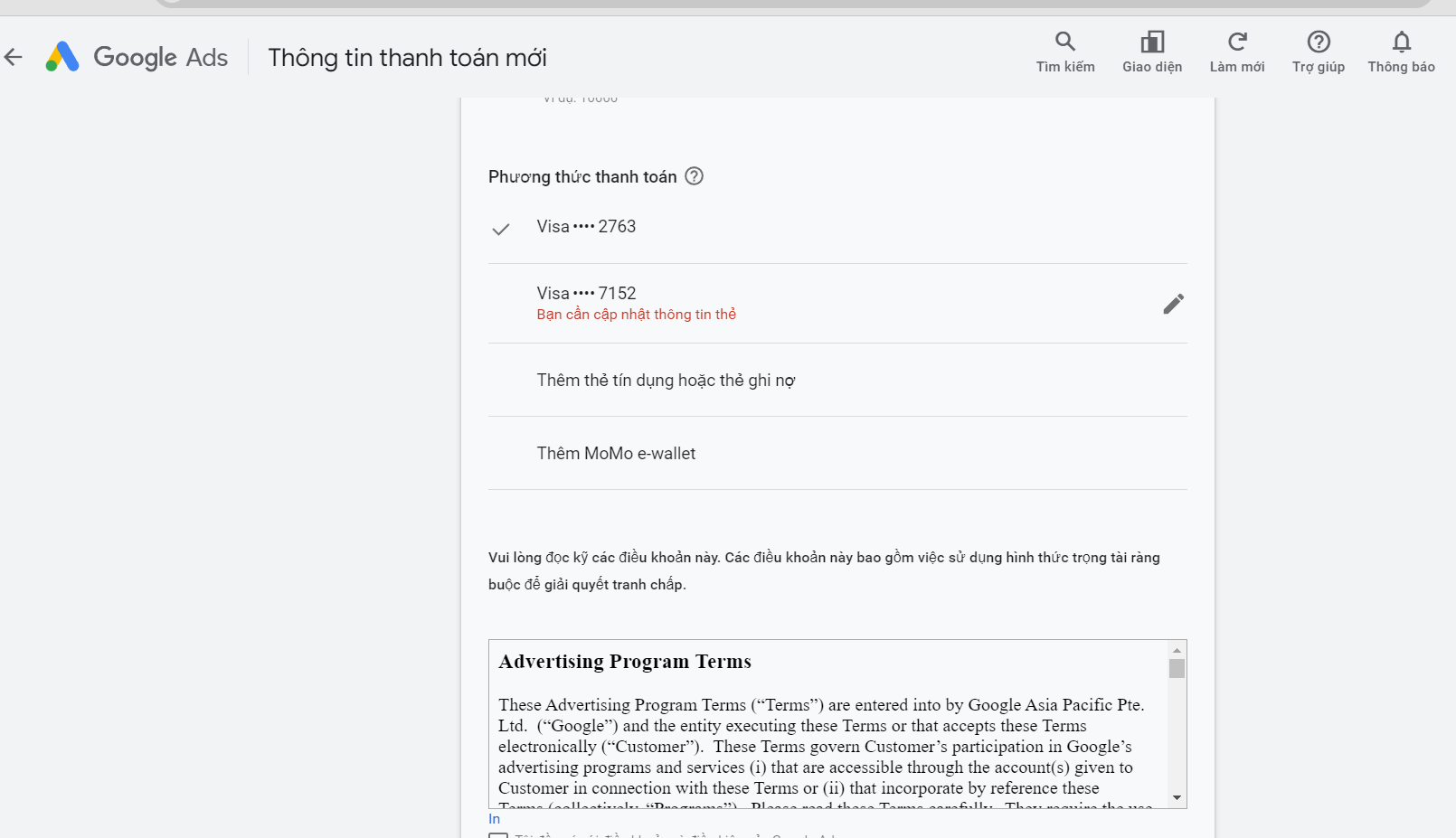 thanh toán google ads bằng momo