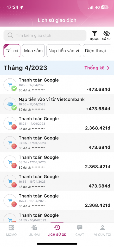 thanh toán google ads bằng momo